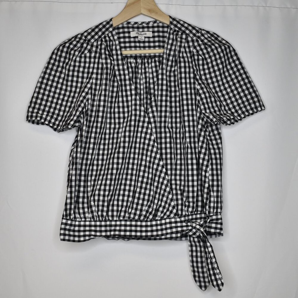 Madewell Women's Top Wrap Gingham Check Short Sleeve Cotton Black White